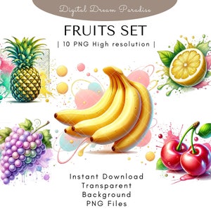 Fruits Clipart Bundle with Transparent Backgrounds | 10 High Quality PNG Illustrations | Watercolor Style with Fluid Brushstrokes