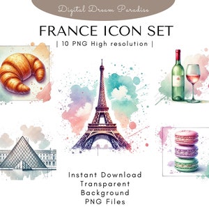 Parigi Francia Icon Clipart Bundle con sfondi trasparenti / 10 illustrazioni PNG di alta qualità / Stile acquerello con pennellate fluide