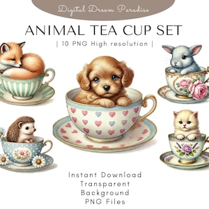 Lot de cliparts animal dans une tasse de thé avec arrière-plans transparents | 10 illustrations PNG de haute qualité | Style aquarelle avec des coups de pinceau fluides
