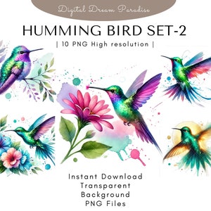 Humming bird Clipart Bundle with Transparent Background | 10 High Quality PNG Illustrations | Bird Watercolor Style with Fluid Brushstroke 2