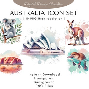 Australien Icon Clipart Bundle mit transparenten Hintergründen | 10 hochwertige PNG Illustrationen | Aquarell mit fließenden Pinselstrichen