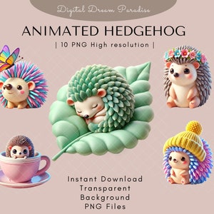 Lot de cliparts animés hérisson avec arrière-plan transparent | 10 illustrations PNG de haute qualité | Style d'illustration animale animé en 3D