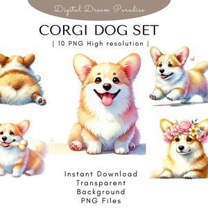 Corgis Hund Clipart Bundle mit transparentem Hintergrund | 10 hochwertige PNG Illustrationen | Aquarell mit fließenden Pinselstrichen