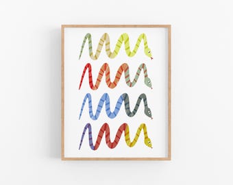 Children's room snake art print | digital download | reptile art | boys room art | rainbow snakes