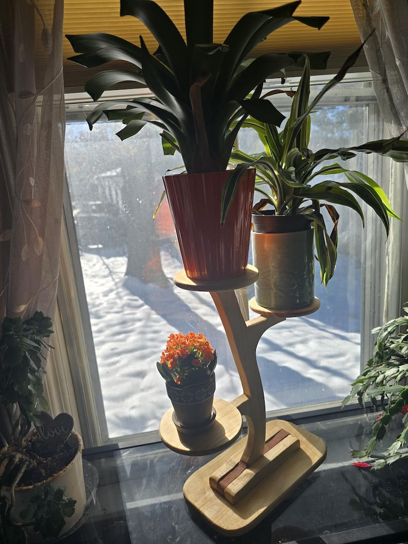 Pode incluir: Um suporte de plantas de madeira com tr&ecirc;s n&iacute;veis, segurando plantas em vasos. O suporte tem um acabamento de madeira natural com um detalhe em madeira escura. As plantas incluem uma planta verde grande em um vaso laranja e uma planta verde e branca em um vaso verde.