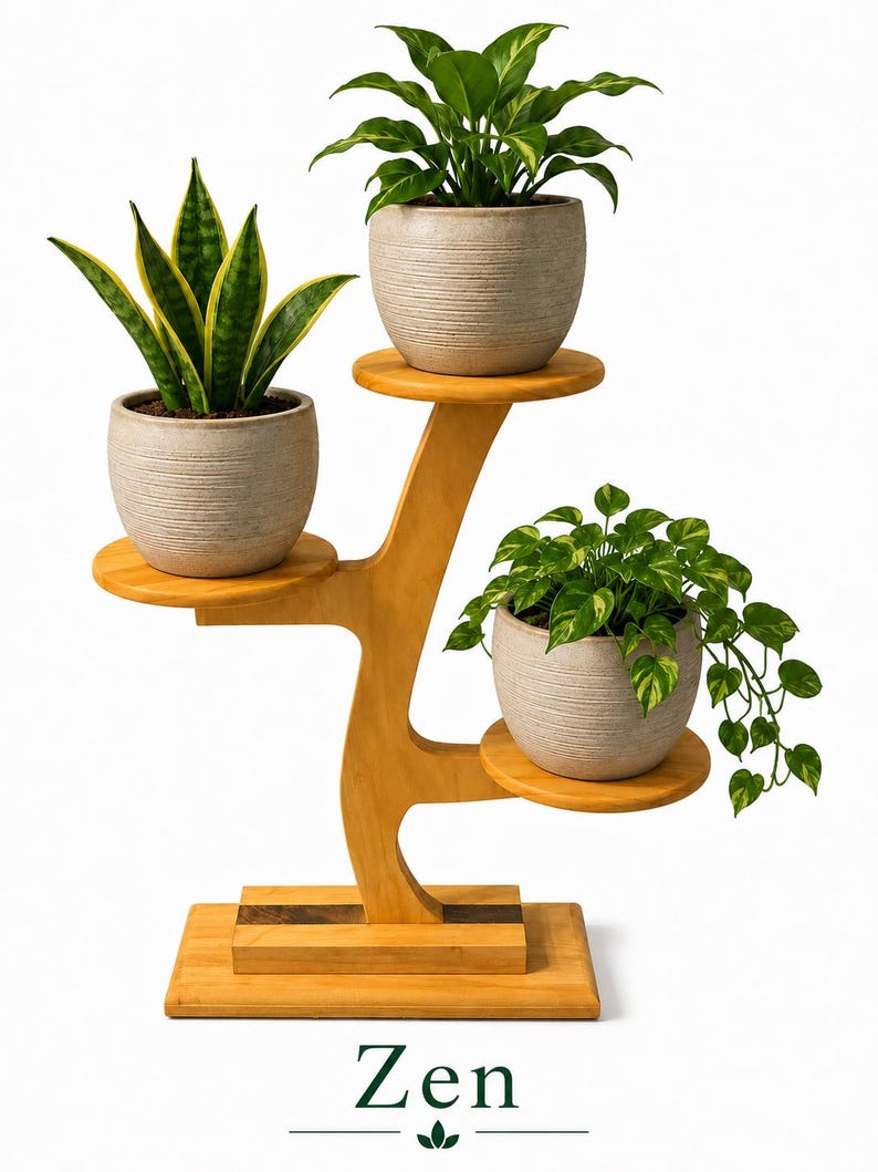 Pode incluir: Um suporte de plantas de madeira com tr&ecirc;s n&iacute;veis, cada um com uma planta em vaso. O suporte &eacute; feito de madeira clara e tem um design curvo &uacute;nico. As plantas t&ecirc;m folhas verdes e est&atilde;o em vasos texturizados de cor clara. A palavra "Zen" est&aacute; na parte inferior.