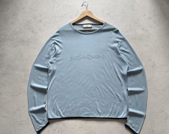 Vintage 90s Yves Saint Laurent Pour Homme Blue Cotton Jumper Embroidered Spellout YSL Sweater Size XL