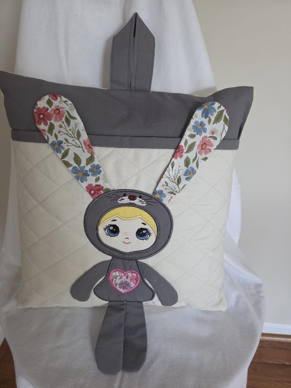 Reading Pillow - Puppy Girl Reading Pillow with Book Pocket, 14x14 Kids Pillow with Insert, Handmade Gift