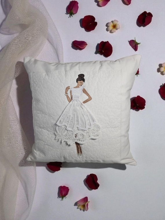 Embroidered African-American Bride Pillow • Two Layer Lace Dress • Wedding Keepsake Home Décor • Spot-Clean Only