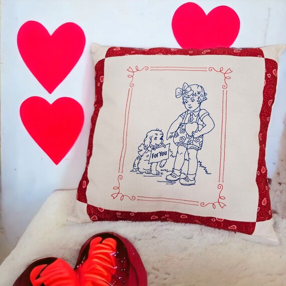 Stuffed Vintage Valentine Embroidered Pillow 3