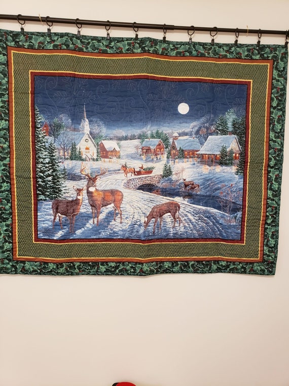 Snow Scene Winter Wall Hanging. Wall art. Quilted panel. Deers