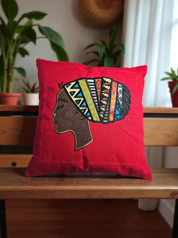 Embroidered Afrocentric Profile Pillow • Bold Red Accent Throw Cushion • African Headwrap Silhouette Decor