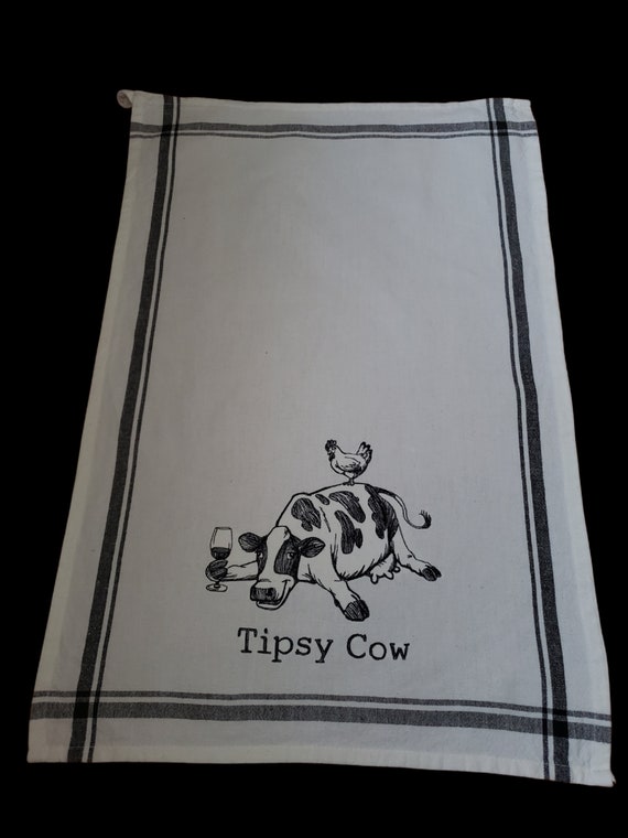Tea Towel, embroidered, Black Retro Stripe, Retro towel, Cow, Humorous