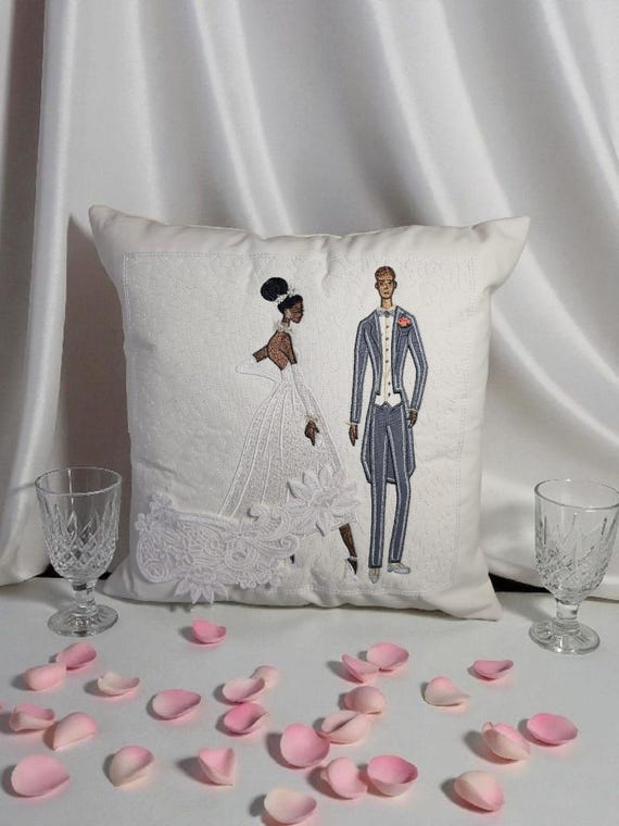 Embroidered African American Wedding Couple Pillow – Elegant Bridal Décor