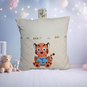 Handmade Childs Reading Pillow. Quilted Cover with Book Pocket - tiger