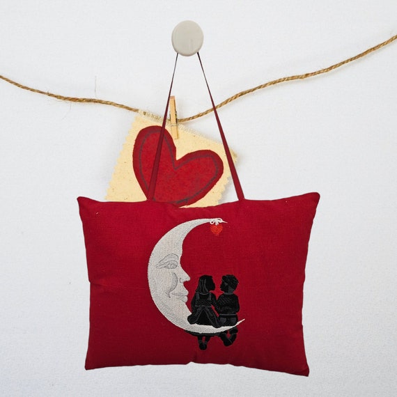 Valentine's Day Silhouette Pillow - Romantic Red Decor with Embroidered Moon and Children - 13"x10" Hanging Cushion for Love and Romance"