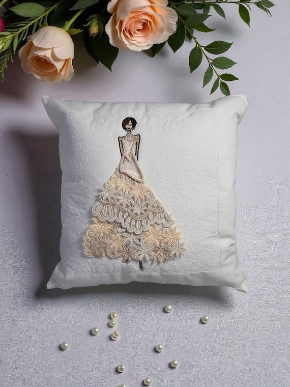 Handmade 14″×14″ Bridal Embroidery Pillow • Elegant Wedding Dress Design • Keepsake Wedding Gift • Cotton Linen Blend • Luxe Home Décor