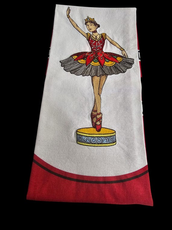 Ballerina White tea towel. Embroidered ballerina