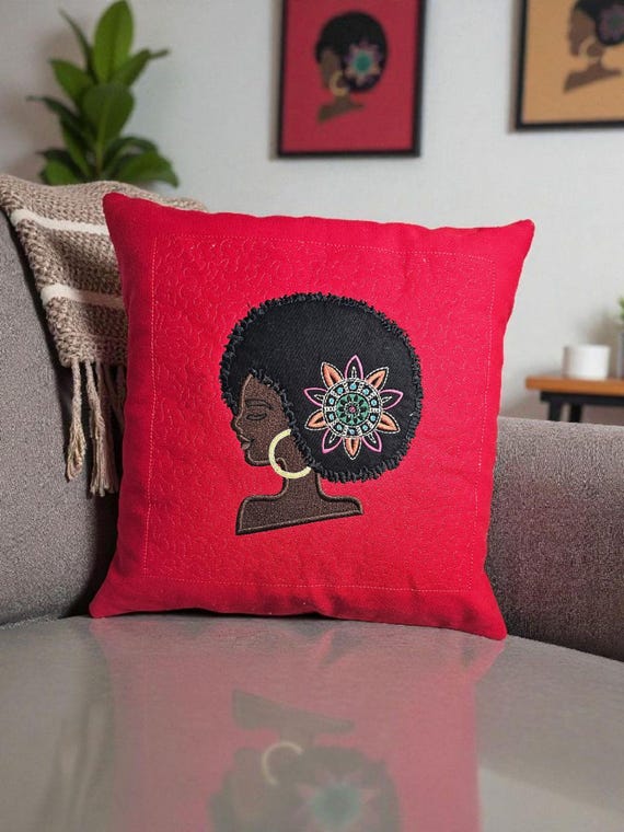 Embroidered Afro Woman Pillow • Black Girl Magic Home Décor • Bold Afrocentric Cushion