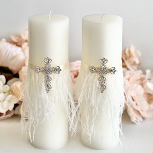 Cross Baptism Candle, Custom Christening Candle with Feather, Crystal Cross Baptism Candle, Ceremonial Boho Baptism Taper Candle