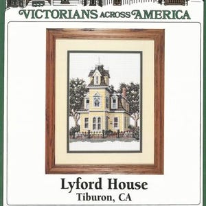 May include: Counted cross-stitch pattern for a Victorian house called Lyford House in Tiburon, CA. The pattern features a yellow house with a white picket fence and green trees. The pattern is by Debbie Patrick and costs £4.95.