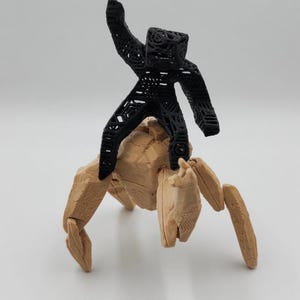 May include: A 3D-printed sculpture featuring a black, open-work figure riding atop a tan, articulated creature with multiple legs. The black figure has its arm raised. The tan creature has a textured surface.