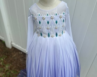 May include: A white and blue tulle dress with long sleeves and a green and white beaded design on the bodice. The dress has a gradient from white to blue.