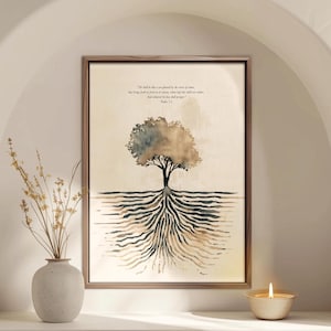 Gesegnet ist der Mensch - DIGITALDRUCK! Verwurzelt im Glauben, Psalm 1:3 Vers Wandkunst, Wohlstandsbibelversdruck + kostenloses Tapetenlesezeichen als Bonus