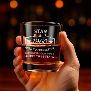 Custom Whiskey Glass Birthday Gift – Aged to Perfection Design with Name, Year & Age – 10.5 oz On the Rocks Glass