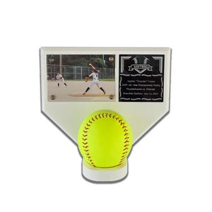 Softball Home Plate Display – Custom Photo & Engraved Plaque – MVP Game Ball Trophy Holder – Wall Mount Sports Keepsake Gift