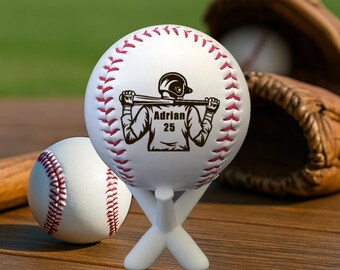 Custom Engraved Baseball – Baseball player with Name & Number – Personalized Baseball Gift for Coach, Player or Fan.