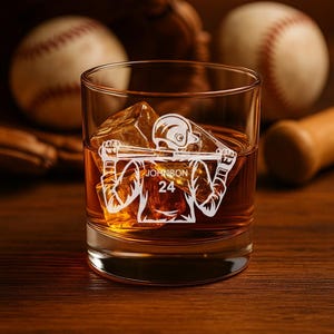 Custom Baseball Whiskey Glass – 10.5 oz On the Rocks Glass with Jersey Name & Number – Optional Bottom Game Text – Baseball Gift for Him