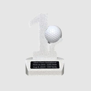 Custom Engraved Golf Ball Display Stand – Number One Trophy in Grey Marble PLA