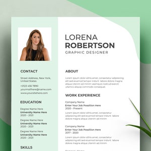May include: A resume template with a green background and a white border. The resume is for Lorena Robertson, a graphic designer. The resume includes contact information, education, work experience, and skills.