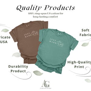 May include: Two short-sleeved t-shirts, one brown and one teal, with the text "JUST MARRIED" and a wedding ring design. The shirts are made of 100% ring-spun US cotton and are fabricated in the USA.