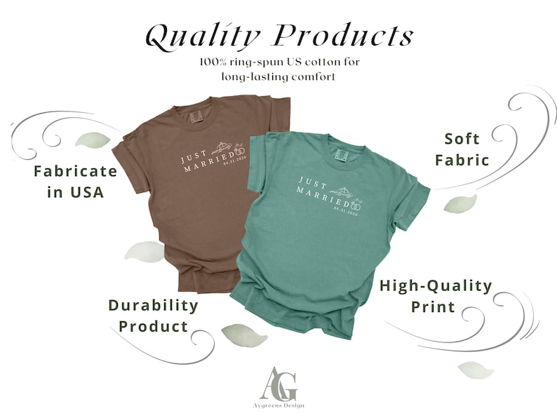 May include: Two short-sleeved t-shirts, one brown and one teal, with the text "JUST MARRIED" and a wedding ring design. The shirts are made of 100% ring-spun US cotton and are fabricated in the USA.