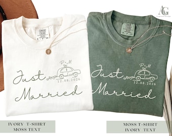 Just Married Shirt, Personalized Mr And Mrs Honeymoon Tees, Newlywed Matching Outfit, Couples Wedding Gift For Bride And Groom Sweatshirt