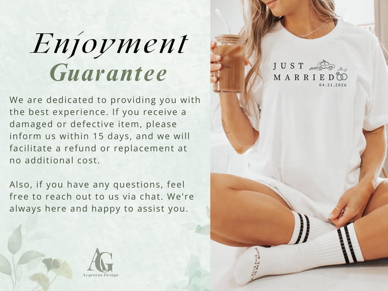 May include: White t-shirt with the text "JUST MARRIED" and the date 04.31.2026. The shirt features a car and ring graphic. The image also shows a person holding a glass with a straw.