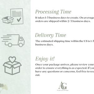 May include: A white background with text about processing and delivery times. The text includes "Processing Time", "Delivery Time", and "Enjoy it!" with corresponding icons of a box, a truck, and a box with a heart.