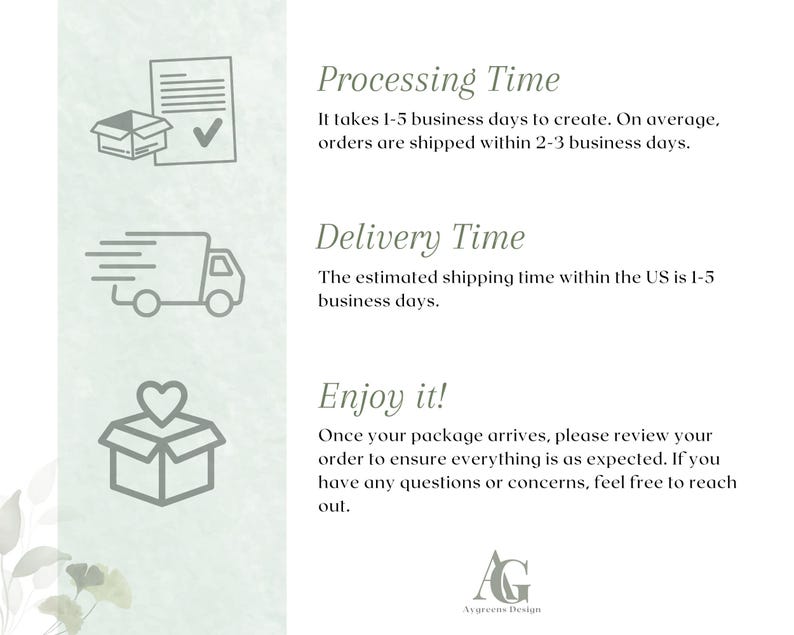 May include: A white background with text about processing and delivery times. The text includes "Processing Time", "Delivery Time", and "Enjoy it!" with corresponding icons of a box, a truck, and a box with a heart.
