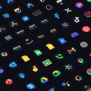 Könnte beinhalten: Ein dunkler Hintergrund mit einer Vielzahl von bunten App-Symbolen, darunter Amazon, Google, Facebook, Instagram und viele mehr.