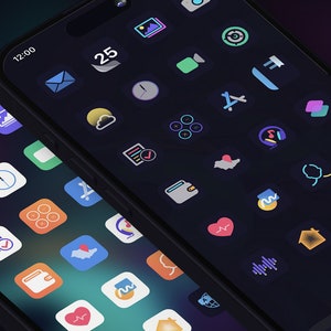 May include: Two smartphone screens displaying a variety of colorful app icons. The icons are arranged in a grid pattern and include icons for social media, communication, productivity, and entertainment apps. The time is displayed on both screens as 12:00.