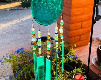 Succulent Windchime-Gift for Her-Garden Art-Home Accent-Teal Green-Glass