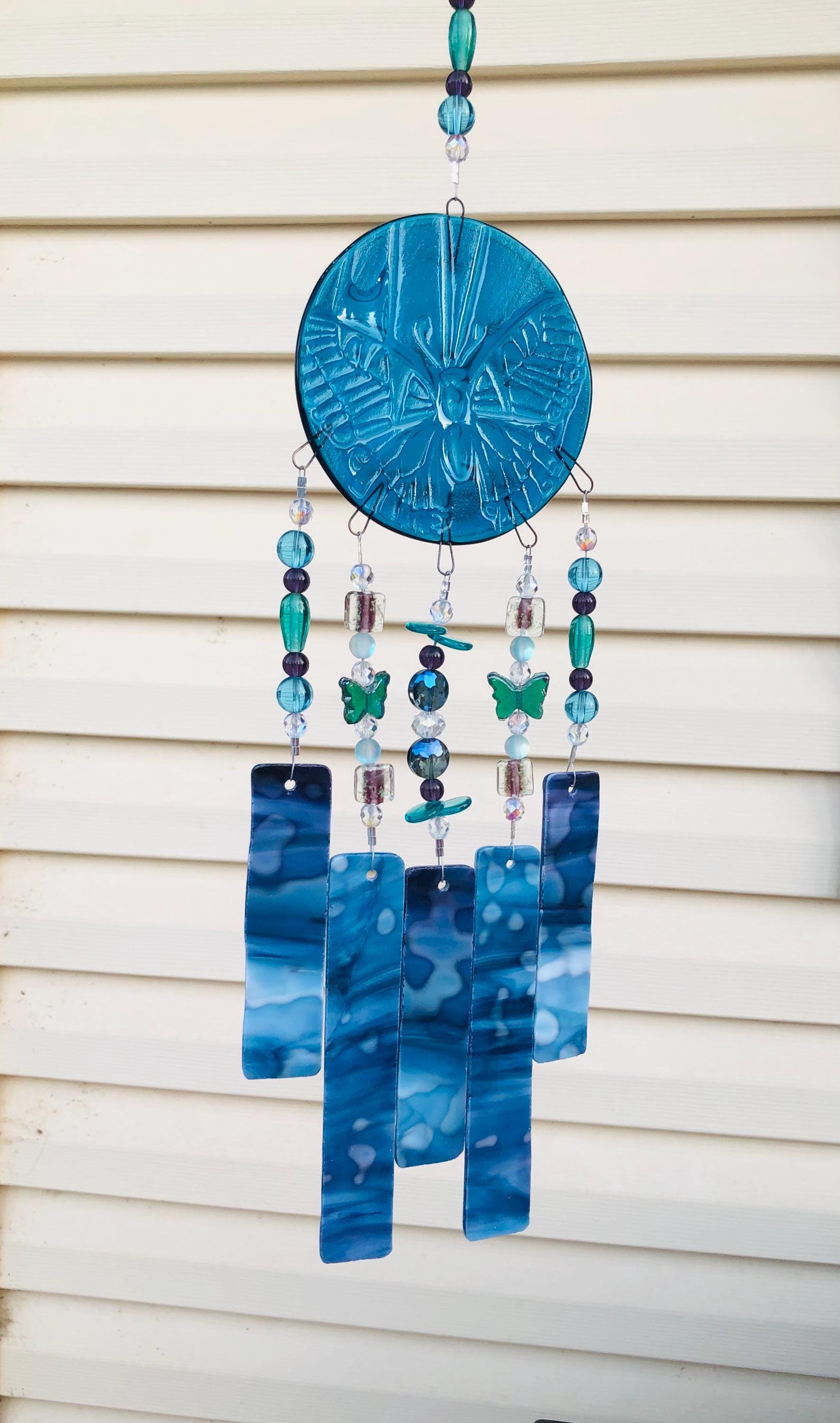 Butterfly-Windchime-Gift For Her-Blue Glass-Garden Art