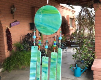 Lake View-Windchime-Beach House Decor-Wispy Teal Green Glass