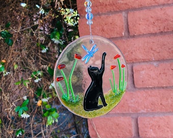 Cat and Dragonfly In a field of Poppies-Fused Glass Wall Art