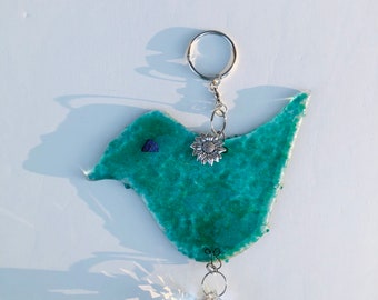 Whimsical Bird-Floral-Prism-Teal Green Glass Suncatcher