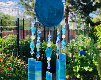 Dromerig Aqua Blue-Gift-Windchime-Glinsterend gebrandschilderd glas