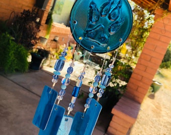 Paw-Memorial Windchime-Forever in my Heart-Blue Glass