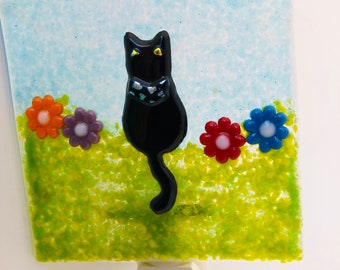 Cat Glass Night Light-Purr-Fect Gift-Pet Remembrance-Meadow-Flowers-Fused Glass